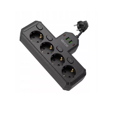 Prenosiva utičnica 4xSchuko sa prekidačem 10A, 2xUSB-A, 2xUSB-C, crna, kabel 0,2m VA0470B