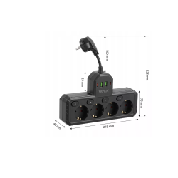 Prenosiva utičnica 4xSchuko sa prekidačem 10A, 2xUSB-A, 2xUSB-C, crna, kabel 0,2m VA0470B