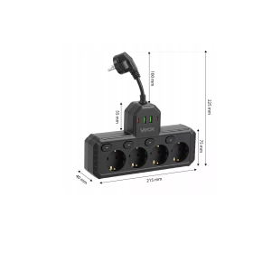Prenosiva utičnica 4xSchuko sa prekidačem 10A, 2xUSB-A, 2xUSB-C, crna, kabel 0,2m VA0470B