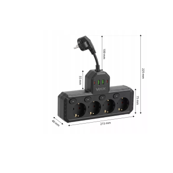 Prenosiva utičnica 4xSchuko sa prekidačem 10A, 2xUSB-A, 2xUSB-C, crna, kabel 0,2m VA0470B