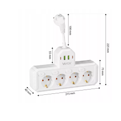 Prenosiva utičnica 4xSchuko sa prekidačem 10A, 2xUSB-A, 2xUSB-C, bijela, kabel 0,2m VA0470W