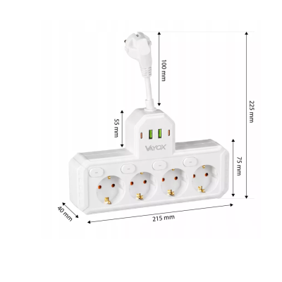 Prenosiva utičnica 4xSchuko sa prekidačem 10A, 2xUSB-A, 2xUSB-C, bijela, kabel 0,2m VA0470W
