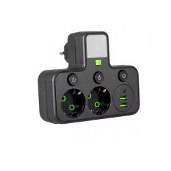 Električni razdjelnik s prekidačem i osvjetljenjem, 2xSchuko utičnice, 2xUSB-A, 1xUSB-C crna VA0471B