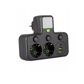 Električni razdjelnik s prekidačem i osvjetljenjem, 2xSchuko utičnice, 2xUSB-A, 1xUSB-C crna VA0471B