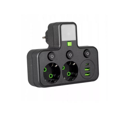 Električni razdjelnik s prekidačem i osvjetljenjem, 2xSchuko utičnice, 2xUSB-A, 1xUSB-C crna VA0471B Električni razdjelnik s prekidačem i osvjetljenjem, 2xSchuko utičnice, 2xUSB-A, 1xUSB-C crna VA0471B