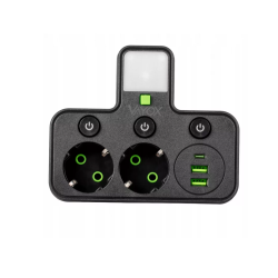 Električni razdjelnik s prekidačem i osvjetljenjem, 2xSchuko utičnice, 2xUSB-A, 1xUSB-C crna VA0471B