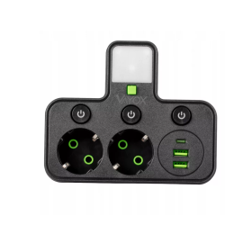 Električni razdjelnik s prekidačem i osvjetljenjem, 2xSchuko utičnice, 2xUSB-A, 1xUSB-C crna VA0471B