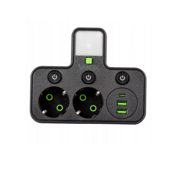 Električni razdjelnik s prekidačem i osvjetljenjem, 2xSchuko utičnice, 2xUSB-A, 1xUSB-C crna VA0471B