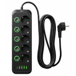 Prenosiva utičnica 5xSchuko sa prekidačem 10A, 4xUSB-A, 1xUSB-C, crna, kabel 3m VA0473B-3