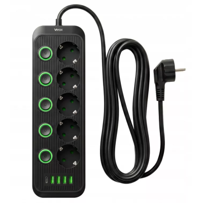 Prenosiva utičnica 5xSchuko sa prekidačem 10A, 4xUSB-A, 1xUSB-C, crna, kabel 3m VA0473B-3