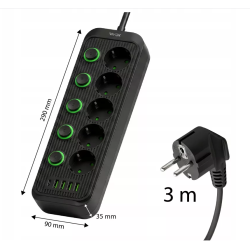 Prenosiva utičnica 5xSchuko sa prekidačem 10A, 4xUSB-A, 1xUSB-C, crna, kabel 3m VA0473B-3