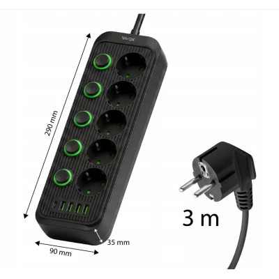 Prenosiva utičnica 5xSchuko sa prekidačem 10A, 4xUSB-A, 1xUSB-C, crna, kabel 3m VA0473B-3