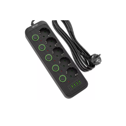 Prenosiva utičnica 5xSchuko sa prekidačem 10A, 4xUSB-A, 1xUSB-C, crna, kabel 5m VA0473B-5