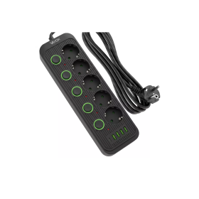Prenosiva utičnica 5xSchuko sa prekidačem 10A, 4xUSB-A, 1xUSB-C, crna, kabel 5m VA0473B-5