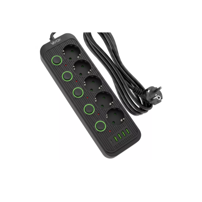 Prenosiva utičnica 5xSchuko sa prekidačem 10A, 4xUSB-A, 1xUSB-C, crna, kabel 5m VA0473B-5