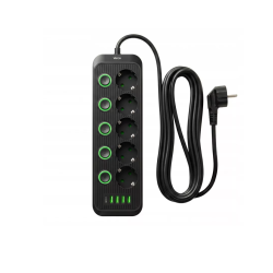 Prenosiva utičnica 5xSchuko sa prekidačem 10A, 4xUSB-A, 1xUSB-C, crna, kabel 5m VA0473B-5