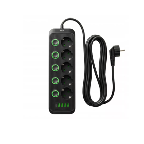 Prenosiva utičnica 5xSchuko sa prekidačem 10A, 4xUSB-A, 1xUSB-C, crna, kabel 5m VA0473B-5