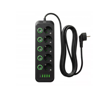 Prenosiva utičnica 5xSchuko sa prekidačem 10A, 4xUSB-A, 1xUSB-C, crna, kabel 5m VA0473B-5