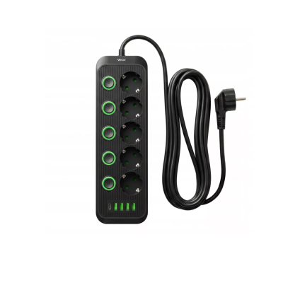 Prenosiva utičnica 5xSchuko sa prekidačem 10A, 4xUSB-A, 1xUSB-C, crna, kabel 5m VA0473B-5