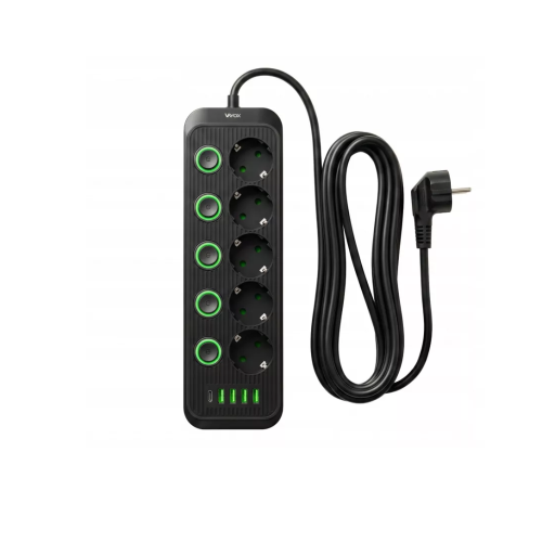Prenosiva utičnica 5xSchuko sa prekidačem 10A, 4xUSB-A, 1xUSB-C, crna, kabel 5m VA0473B-5 Prenosiva utičnica 5xSchuko sa prekidačem 10A, 4xUSB-A, 1xUSB-C, crna, kabel 5m VA0473B-5