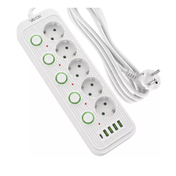 Prenosiva utičnica 5xSchuko sa prekidačem 10A, 4xUSB-A, 1xUSB-C, bijela, kabel 3m VA0473W-3