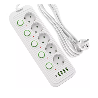 Prenosiva utičnica 5xSchuko sa prekidačem 10A, 4xUSB-A, 1xUSB-C, bijela, kabel 3m VA0473W-3