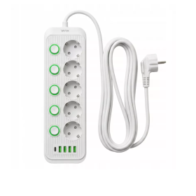 Prenosiva utičnica 5xSchuko sa prekidačem 10A, 4xUSB-A, 1xUSB-C, bijela, kabel 3m VA0473W-3