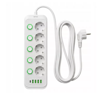 Prenosiva utičnica 5xSchuko sa prekidačem 10A, 4xUSB-A, 1xUSB-C, bijela, kabel 3m VA0473W-3