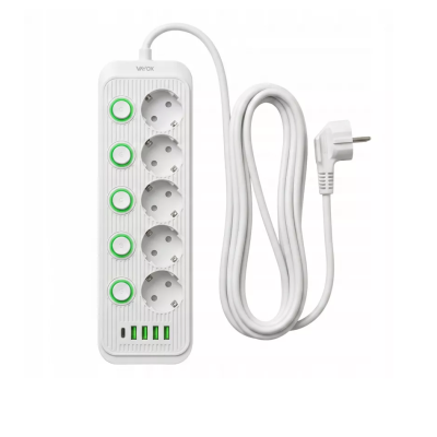 Prenosiva utičnica 5xSchuko sa prekidačem 10A, 4xUSB-A, 1xUSB-C, bijela, kabel 3m VA0473W-3