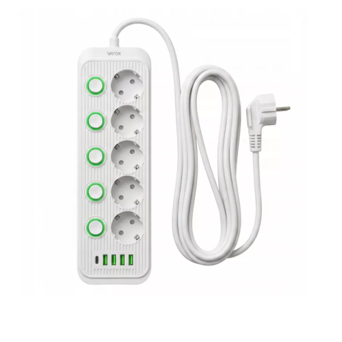 Prenosiva utičnica 5xSchuko sa prekidačem 10A, 4xUSB-A, 1xUSB-C, bijela, kabel 3m VA0473W-3 Prenosiva utičnica 5xSchuko sa prekidačem 10A, 4xUSB-A, 1xUSB-C, bijela, kabel 3m VA0473W-3