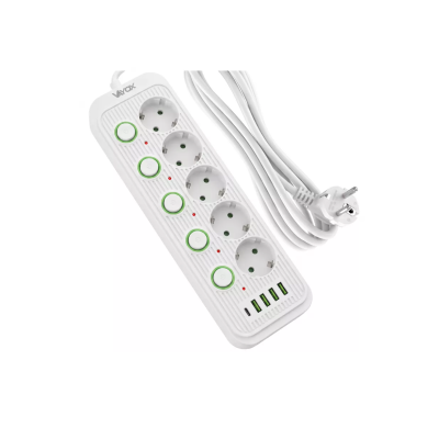 Prenosiva utičnica 5xSchuko sa prekidačem 10A, 4xUSB-A, 1xUSB-C, bijela, kabel 5m VA0473W-5
