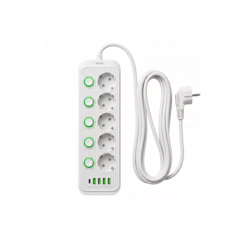 Prenosiva utičnica 5xSchuko sa prekidačem 10A, 4xUSB-A, 1xUSB-C, bijela, kabel 5m VA0473W-5 Prenosiva utičnica 5xSchuko sa prekidačem 10A, 4xUSB-A, 1xUSB-C, bijela, kabel 5m VA0473W-5