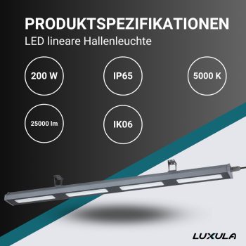 Industrijska svjetiljka 200W 5000K 25000lm IP65 HighBay linearna LUXULA LX-LHB-200-5000