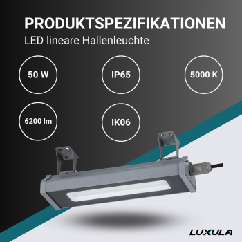 Industrijska svjetiljka 50W 5000K 6200lm IP65 HighBay linearna LUXULA LX-LHB-50-5000