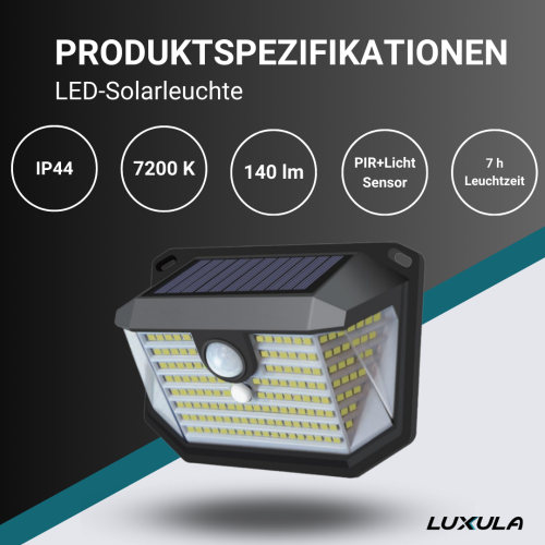 Solarna zidna svjetiljka 6500K s PIR svjetlosnim senzorom 7 sati osvjetljenja s 3 načina osvjetljenja IP44 LUXULA LXSO400120