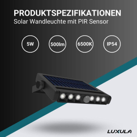 Solarna zidna svjetiljka 5W 6500K 500lm IP54 s PIR senzorom LUXULA LXSO700100