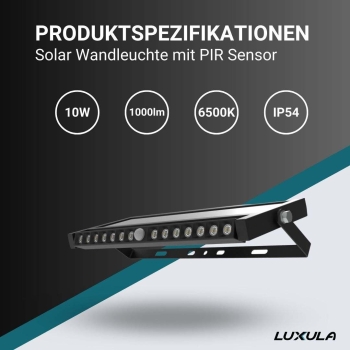Solarna zidna svjetiljka 10W 6500K 1000lm IP54 s PIR senzorom LUXULA LXSO700101