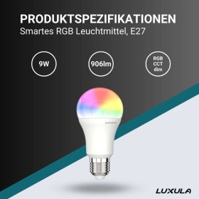 Žarulja LED 9W RGB+CCT 906lm E27 SMART upravljanje Tuya aplikacijom LUXULA LX100300