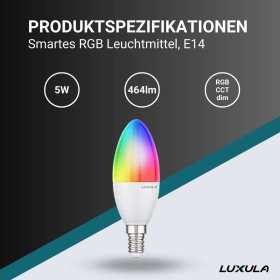 Žarulja LED 5W RGB+CCT 464lm E14 SMART upravljanje aplikacijom Tuya svijeća LUXULA LX100330