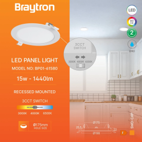 Panel LED 15W 3CCT 1440lm IP40 ugradbeni okrugli bijeli BRAYTRON BP01-61580