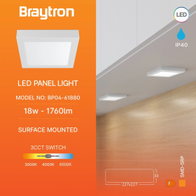 Panel LED 18W 3CCT 1760lm IP40 nadgradni kvadratni bijeli BRAYTRON BP04-61880