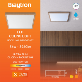 Stropna svjetiljka 36W 3CCT 3960lm 400x400mm IP40 kvadratna imitacija drva BRAYTRON BP07-10487