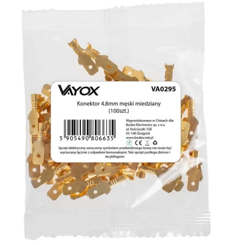 Konektor muški ravni bakreni 4,8 mm (100 kom)  VAYOX VA0295
