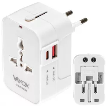 Univerzalni punjač UK/US/EU/AU, USB-A, USB-C (PD20W) 100V-240V 6A 1500W bijela VA0408