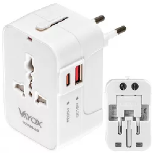 Univerzalni punjač UK/US/EU/AU, USB-A, USB-C (PD20W) 100V-240V 6A 1500W bijela VA0408