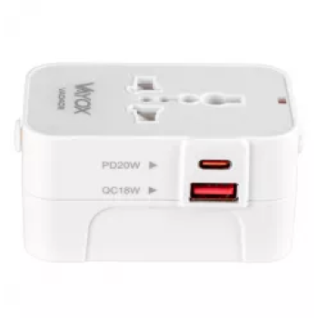 Univerzalni punjač UK/US/EU/AU, USB-A, USB-C (PD20W) 100V-240V 6A 1500W bijela VA0408