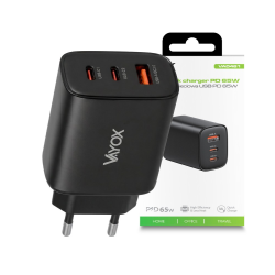 Punjač USB-A + 2xUSB-C PD 65W Quick charge crni VA0461