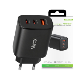 Punjač USB-A + 2xUSB-C PD 65W Quick charge crni VA0461