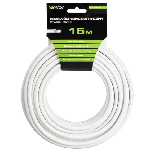 Kabel koaksijalni RG6U Cu 1,02mm 15m bijeli VAYOX PCC102-15 Kabel koaksijalni RG6U Cu 1,02mm 15m bijeli VAYOX PCC102-15