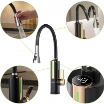 Slavina sa ugrađenim električnim protočnim grijačem vode i fleksibilnim crijevom crna VA0416